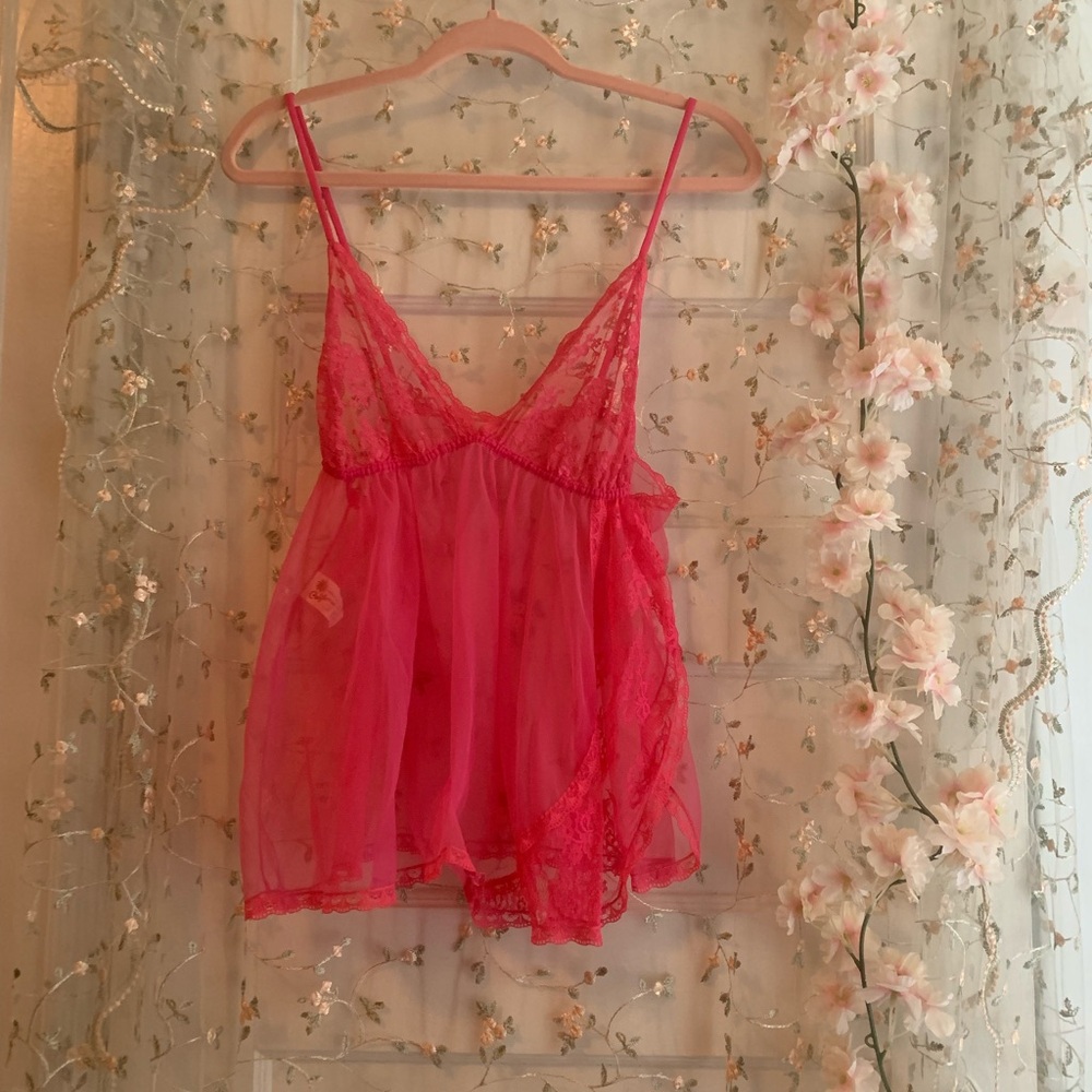 vintage hot pink sheer lace babydoll top with adjustable straps size L